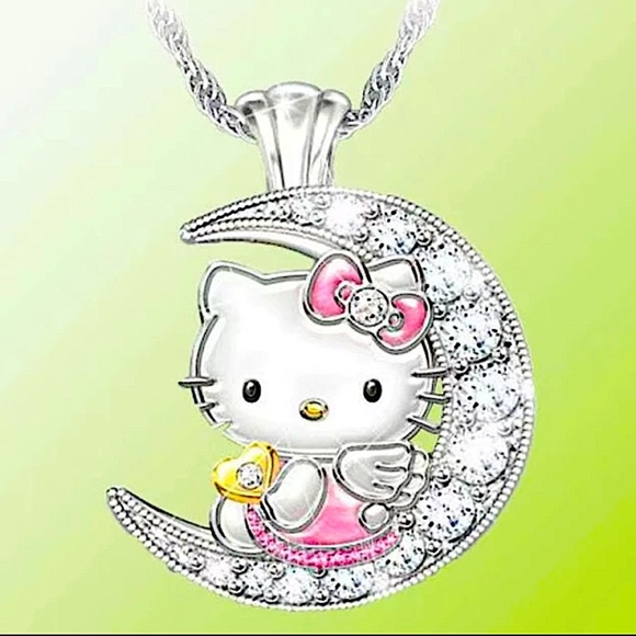 NEW STERLING SILVER HELLO KITTY ZIRCON MOON PENDANT NECKLACE - Picture 5 of 5